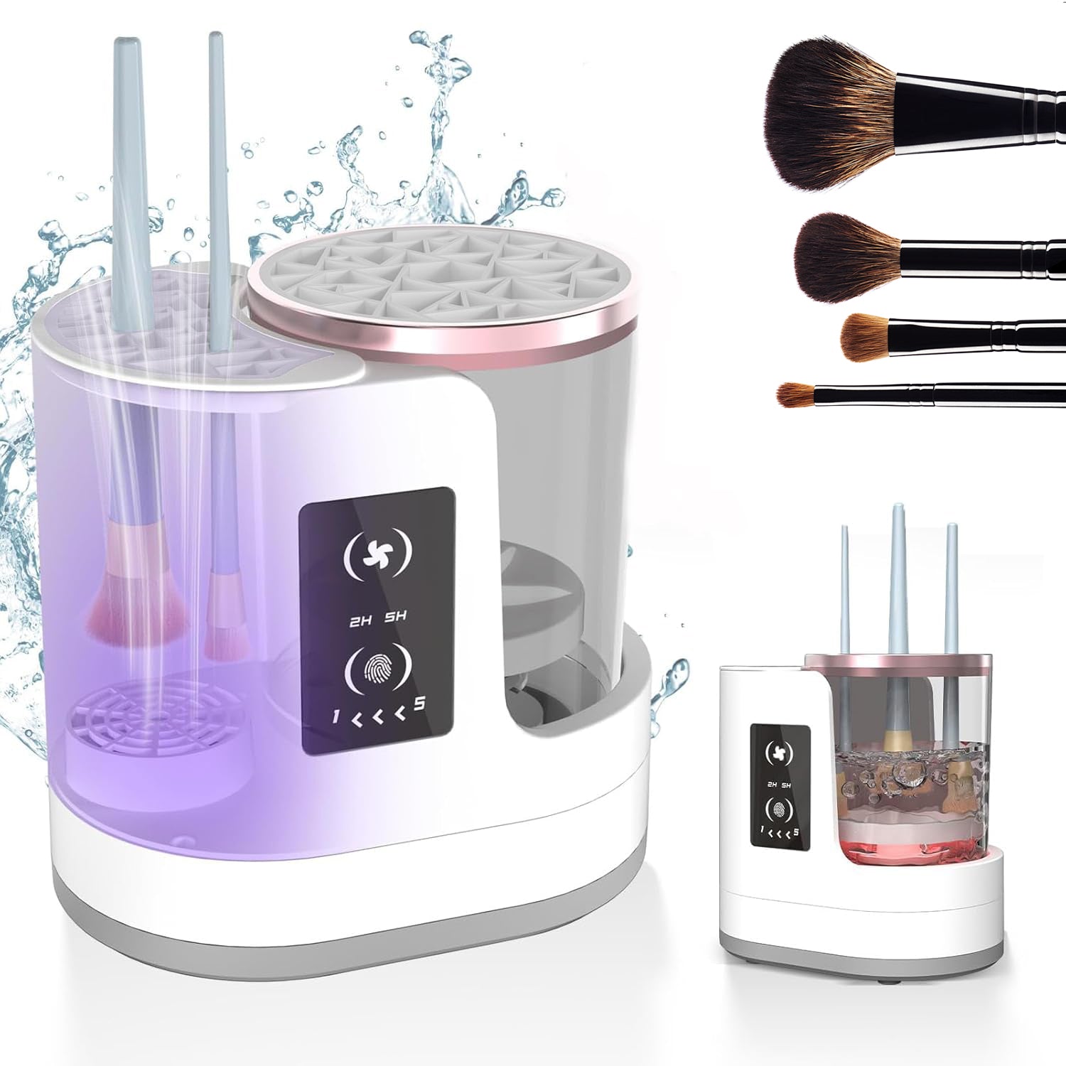 Electric automatic makeup brush cleaner by Trendify NL, showing the compact, rechargeable device with brushes for skincare and beauty.