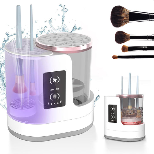Electric automatic makeup brush cleaner by Trendify NL, showing the compact, rechargeable device with brushes for skincare and beauty.