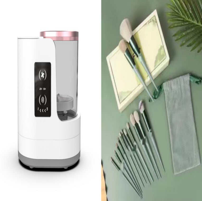 Trendify NL elektrische make-up kwastenreiniger, oplaadbaar en automatisch, shown with brush cleaning in a beauty and verzorging setting