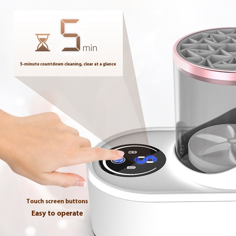Automatic rechargeable makeup brush cleaner from Trendify NL, showing a sleek device with brushes inside for easy cleaning.