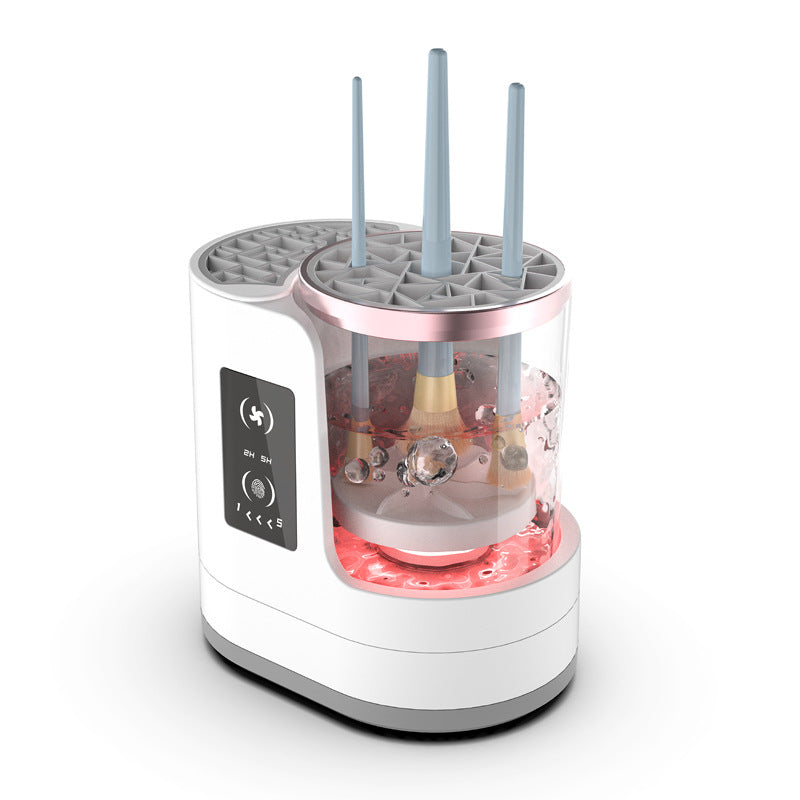 Trendify NL elektrische make-up kwastenreiniger, oplaadbaar en automatisch, shown cleaning makeup brushes in a modern beauty setting.